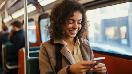 Young smiling woman with a cell phone in the public transport. Generative AI