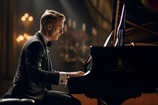 A pianist wearing a tuxedo and playing a classical piece on a grand piano