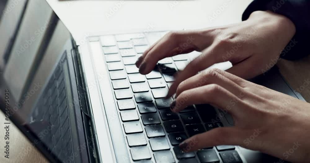 Poster hands, person and typing on laptop with email and website developer project in a office. digital wor