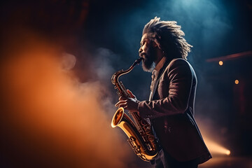 A saxophonist blowing the saxophone and creating a jazz tune - obrazy, fototapety, plakaty