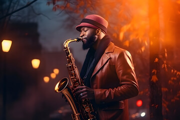 A saxophonist blowing the saxophone and creating a jazz tune