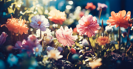 Beautiful various colorful spring flower in green garden.nature and  environment background.panoramic banner