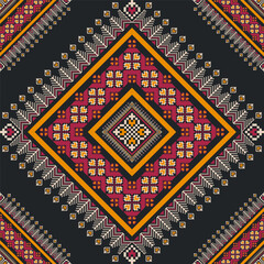 Ethnic embroidery geometric pattern. Vector geometric square floral stitch seamless pattern pixel art style. Ethnic geometric stitch pattern use for fabric, textile, home decoration elements, etc.