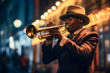 A trumpet player wearing a hat and playing a trumpet in a street