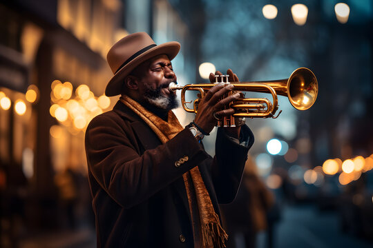 A trumpet player wearing a hat and playing a trumpet in a street