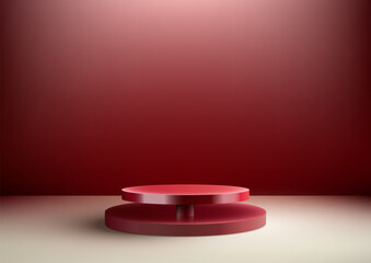 Fototapeta premium 3D Red Podium Stand on Beige Floor with Red Wall Background