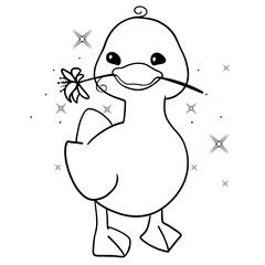 little cute duck with a flower cartoon outline character illustration