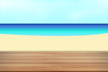 Background of beach and sea with wood plank empty space