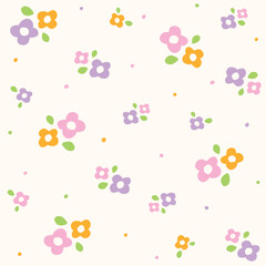 Cute Doodle Pink Purple Orange Flower Floral Ditsy Leaf Polkadot Dot Confetti. Abstract Organic Shape Hand drawn Hand Drawing Cartoon. Color Colorful Pastel Seamless Pattern Spring Summer Background.
