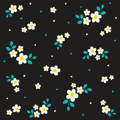 Cute Doodle White Daisy Chamomile Flower Element with Leaves Floral Ditsy Leaf Polkadot Dot Confetti. Abstract Organic Shape Hand Drawn Hand Drawing Cartoon. Color Seamless Pattern Black Background.