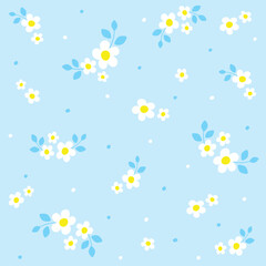 Cute Doodle White Daisy Chamomile Flower Element with Leaves Floral Ditsy Leaf Polkadot Dot Confetti. Abstract Organic Shape Hand Drawn Hand Drawing Cartoon. Color Seamless Pattern Blue Background.