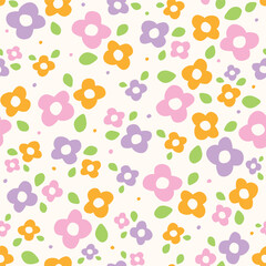 Cute Doodle Pink Purple Orange Flower Floral Ditsy Leaf Polkadot Dot Confetti. Abstract Organic Shape Hand drawn Hand Drawing Cartoon. Color Colorful Pastel Seamless Pattern Spring Summer Background.