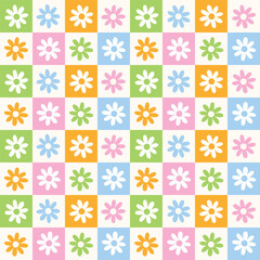 Cute Doodle Pink Orange Blue Green Flower Floral Check Checkered Pattern. Vintage Retro Groovy Style. Hand drawn Hand Drawing Cartoon. Color Colorful Pastel Seamless Pattern Spring Summer Background.