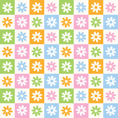 Cute Doodle Pink Orange Blue Green Flower Floral Check Checkered Pattern. Vintage Retro Groovy Style. Hand drawn Hand Drawing Cartoon. Color Colorful Pastel Seamless Pattern Spring Summer Background.