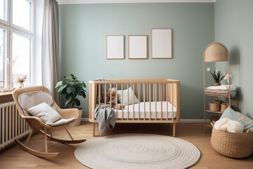 A baby nursery with Scandinavian cribs, soft textiles, and a calming color palette. - obrazy, fototapety, plakaty