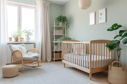 A baby nursery with Scandinavian cribs, soft textiles, and a calming color palette.