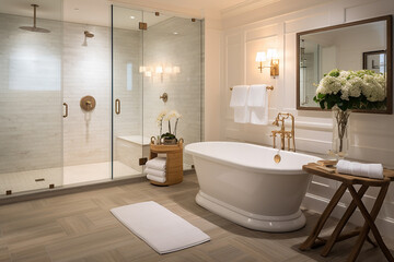 A bathroom with a freestanding soaking tub, glass-enclosed shower, and heated floors for ultimate comfort.