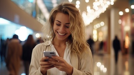 Young woman smiling with a cell phone in her hand in the shopping mall. Generative AI