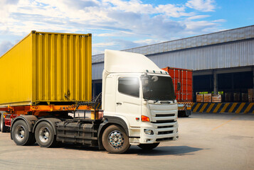 Semi Trailer Trucks on The Parking Lot at Warehouse. Trucks Loading at Dock Warehouse. Shipping Cargo Container Delivery Trucks. Distribution Warehouse. Freight Trucks Logistic, Cargo Transport.