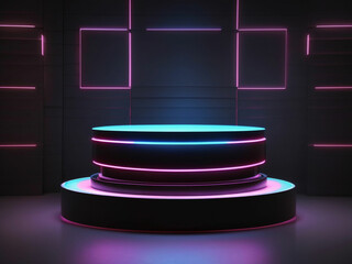 3D rendering exhibition background Background of 3D product display space  Empty podium in empty blue scene with diagonal blue line neon lamps on background.
