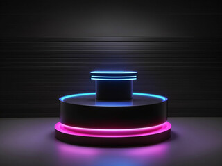 3D rendering exhibition background Background of 3D product display space  Empty podium in empty blue scene with diagonal blue line neon lamps on background.

