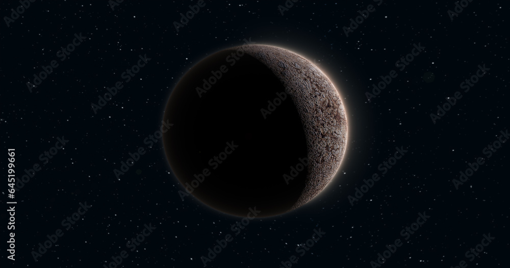 Poster abstract realistic space planet round sphere with a stone relief surface in space against the backgr