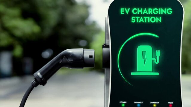 Electric charging station with EV charger plug for electric vehicle in green city park with tree and greenery background. Futuristic sustainable energy and EV car technological advancement.Peruse