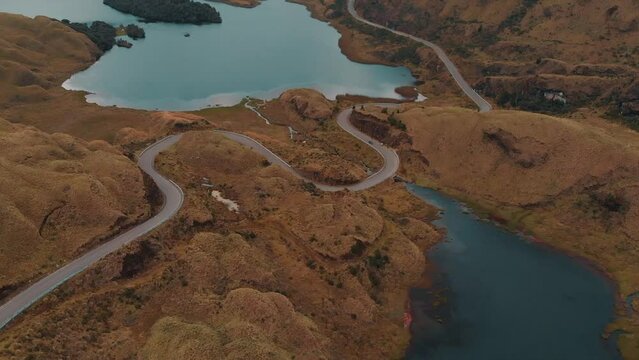 Aerial Landscape View of Road Through Lagunas De Atillo in Ecuador