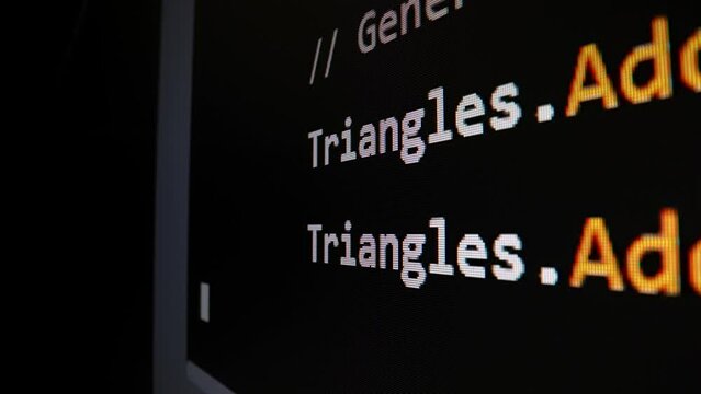 Closeup macro shot movement of coding script moving across LED screen with real-time AI-generated typing, showcasing advanced AI learning in optimization, debug and coding for software development.