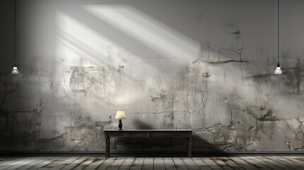 rough wall and old wooden floor in empty room with light shade, grunge wall.