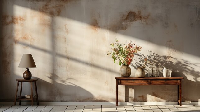 rough wall and old wooden floor in empty room with light shade, grunge wall.