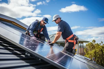 Foto op Canvas Arbeiter montieren Solarpaneele auf dem Dach, Workers mount solar panels on the roof © Gabi D