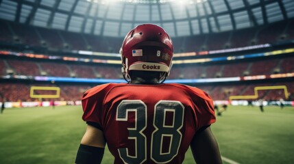 Back view of male American football player in a helmet at world cup in stadium. Generative AI