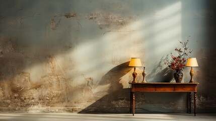 Obraz premium rough wall and old wooden floor in empty room with light shade, grunge wall.