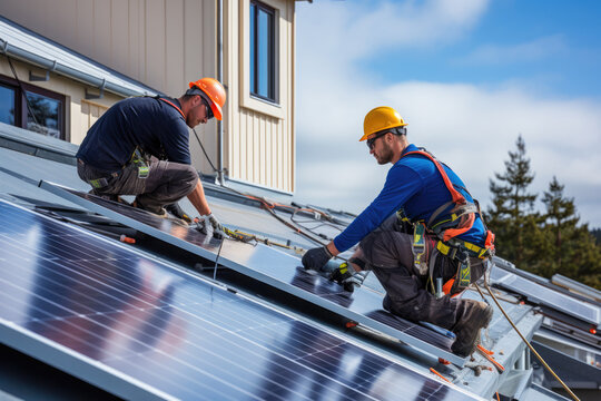 Arbeiter montieren Solarpaneele auf dem Dach, Workers mount solar panels on the roof