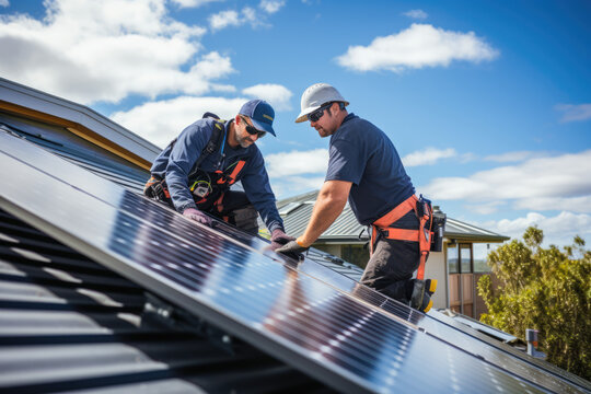 Arbeiter montieren Solarpaneele auf dem Dach, Workers mount solar panels on the roof