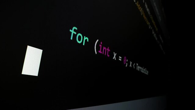 Closeup macro shot movement of coding script moving across LED screen with real-time AI-generated typing, showcasing advanced AI learning in optimization, debug and coding for software development.
