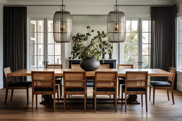 A formal dining room with a long wooden table, designer chairs, and a statement lighting fixture.