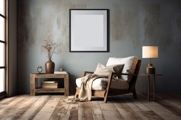 Empty poster wood frame mockup in living room interior with window light shade