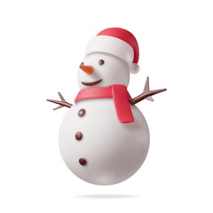 3D White Snowman in Hat and Scarf Isolated. Render Snow Man Character. Happy New Year Decoration. Merry Christmas Holiday. New Year and Xmas Celebration. Realistic Vector Illustration