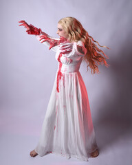  Full length portrait of  scary vampire zombie bride, wearing elegant halloween fantasy costume  dress with bloody red paint splatter. standing walking pose. Isolated on white studio background 