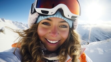 Fototapeta na wymiar Young woman snowboarder taking a selfie at mountain peak while snowboarding. Generative AI