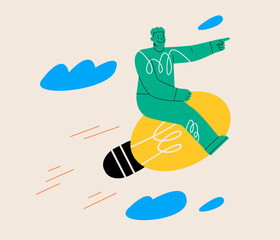 Man flies on huge light bulb. Successful idea. Colorful vector illustration