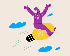 Obraz premium Woman flies on huge light bulb. Successful idea. Colorful vector illustration