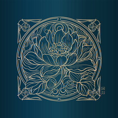 Lotus and leaf sketch with fine graceful lines. Isolated flower on blue background. Vintage etching botanical lotus.