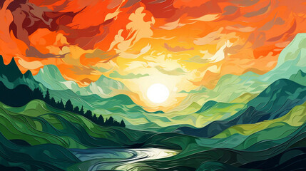 Artwork of Rolling Green Hills and a Sunset