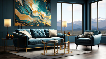 Interior of living room with blue sofa 3d rendering
