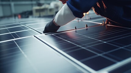 Solar power engineer checks solar panels in production line. Generative AI