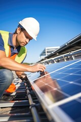 Solar power engineer checks solar panels in production line. Generative AI