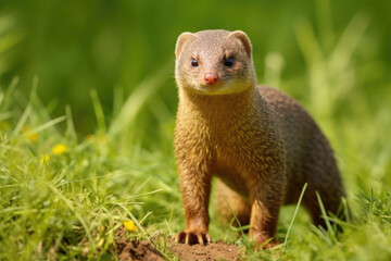 Common dwarf mongoose on green grass in the wild
